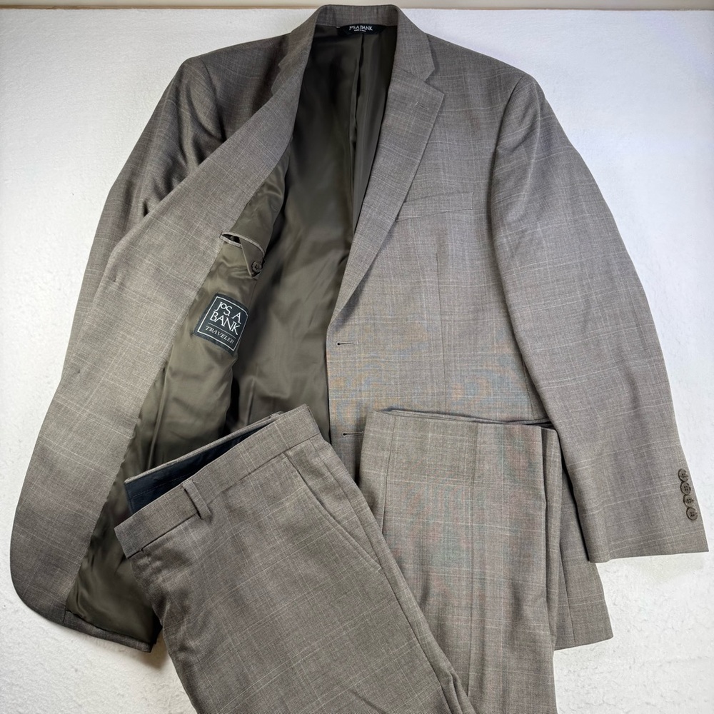 Jos A Bank Traveler Suit 44L Blazer 38W Pants Taupe Windowpane Wool